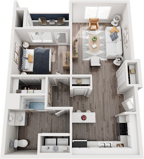 Floor plan for 1 bed, 1 bath, 730 sqft